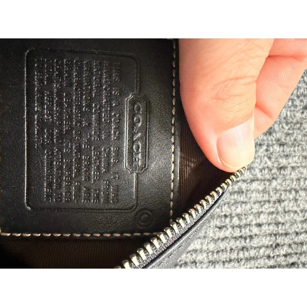 COACH Black Leather Buckle Front Wristlet Wallet with Brown Trim Silver Hardware